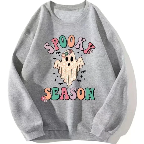 Retro Ghost Halloween Crewneck Pullover Sweater in Light Grey - Picture 1 of 7